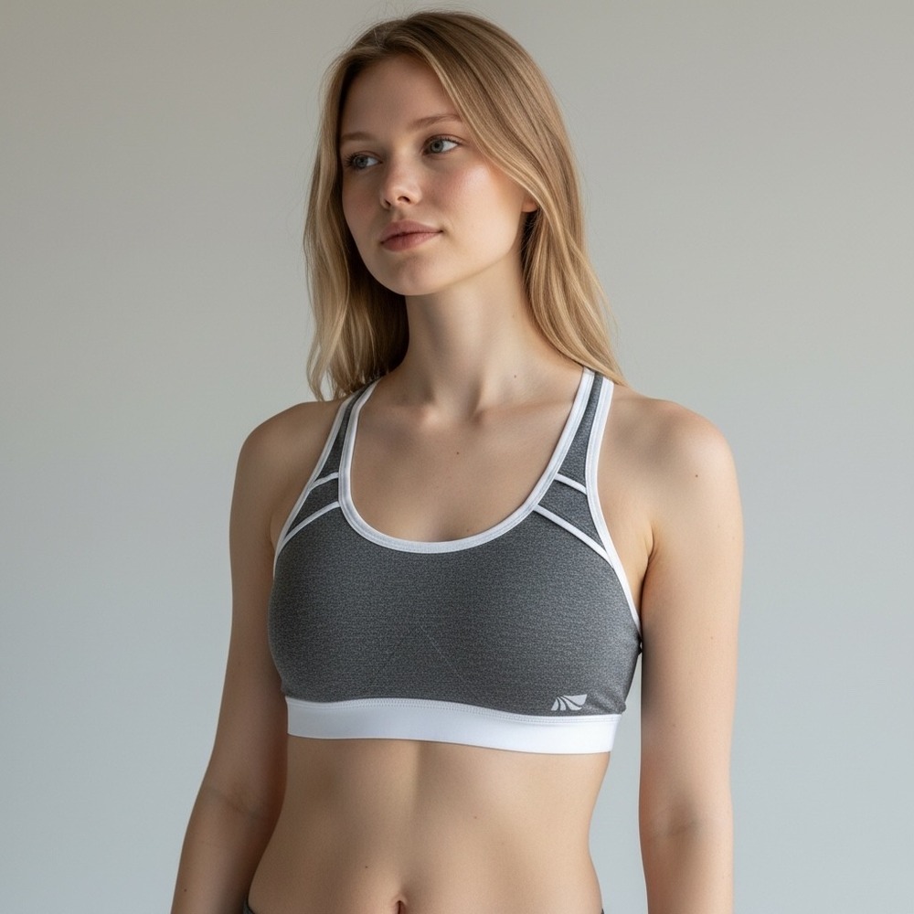 Marika Tek Womens Gray Heather White Trim Racerback Keyhole Sports Bra
